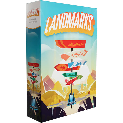 Landmarks board game box featuring a colorful illustrated design with a directional signpost surrounded by stylized jungle scenery. The box displays the game title "LANDMARKS" in bold orange and yellow lettering at the top, with the tagline "MAKE A WAY WITH WORDS" visible on the spine. The artwork showcases a whimsical tropical landscape with mountains, foliage, and a multi-directional wooden signpost with various colored arrow signs pointing in different directions.