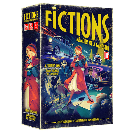 Fictions: Memoirs of a Gangster board game box featuring vintage-style artwork with characters in 1920s attire, classic cars, and noir-inspired scenes in blues and yellows.