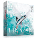 Finspan board game box featuring a beautifully illustrated flying fish with translucent fins against a watercolor turquoise and teal ocean background. The box displays the Stonemaier Games logo. The artistic design captures an underwater theme with splashes and bubbles surrounding the central fish illustration.
