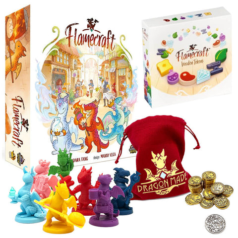 Flamecraft board game bundle showing the main game box with whimsical dragon artwork, colorful dragon miniatures, wooden resource tokens, metal coins, and a red drawstring bag. The main box features a charming village scene with cartoon-style dragons in various colors helping townspeople, while miniature dragon figures in blue, yellow, red, purple, and other vibrant colors are arranged in front.