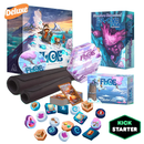 FLOE Deluxe board game bundle featuring multiple colorful game boxes with fantasy ice and ocean artwork, including the main game, Monsters Unleashed expansion, and Life Along Floe content. The artwork showcases vibrant blues, purples, and teals depicting an icy fantasy world with sailing ships, magical creatures, and crystalline landscapes.