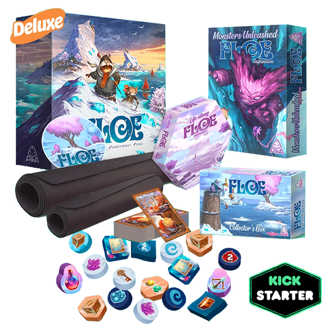 FLOE Deluxe board game bundle featuring multiple colorful game boxes with fantasy ice and ocean artwork, including the main game, Monsters Unleashed expansion, and Life Along Floe content. The artwork showcases vibrant blues, purples, and teals depicting an icy fantasy world with sailing ships, magical creatures, and crystalline landscapes.