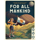 For All Mankind board game box cover featuring a space explorer in an orange suit holding a flag on an alien planet's surface. The retro-style illustration shows planets and stars in the background with Saturn's rings prominently displayed.