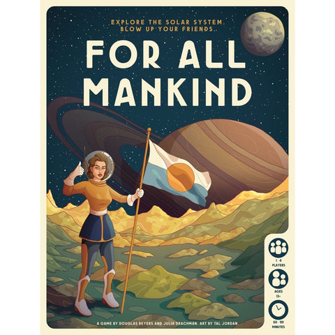 For All Mankind board game box cover featuring a space explorer in an orange suit holding a flag on an alien planet's surface. The retro-style illustration shows planets and stars in the background with Saturn's rings prominently displayed.