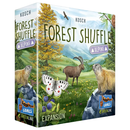 Forest Shuffle Alpine expansion box cover showing a mountain landscape with alpine wildlife. The illustrated scene features yellow larch trees, mountain meadows with flowers, and rocky terrain beneath blue skies. 