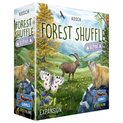 Forest Shuffle Alpine expansion box cover showing a mountain landscape with alpine wildlife. The illustrated scene features yellow larch trees, mountain meadows with flowers, and rocky terrain beneath blue skies. 