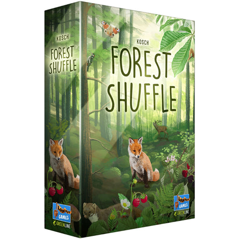 The box cover of Forest Shuffle showing a lush green forest scene with foxes, deer, and a butterfly against a backdrop of trees and foliage. The illustrated packaging features forest wildlife with berries and plants in the foreground.
