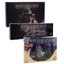 Three stacked board game boxes for the Hoplomachus series, showing dark, atmospheric artwork featuring gladiatorial and mythological themes. The top box displays "Hoplomachus Remastered" with a helmeted warrior figure, the middle box shows "Pandora's Wake Expansion" with a character in robes, and the bottom box features "Pandora's Might Expansion" with a female warrior and dragon imagery. Each box maintains consistent branding with elegant typography and rich, detailed fantasy artwork in muted tones.