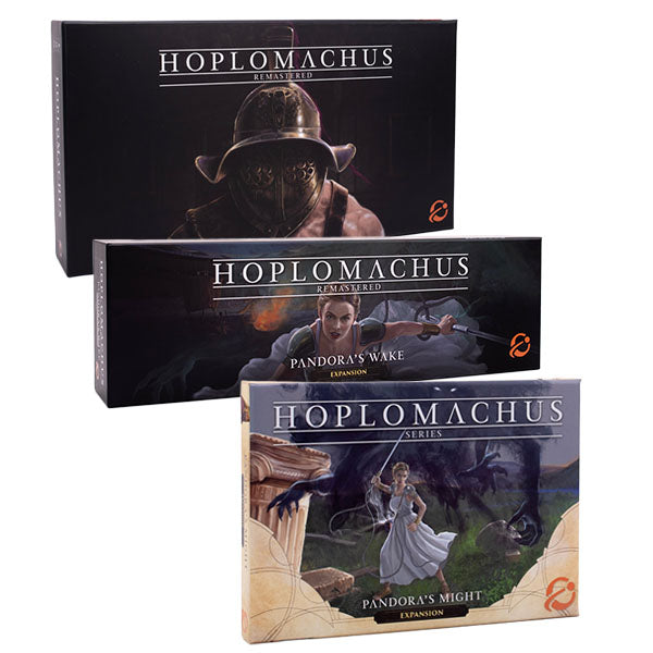 Three stacked board game boxes for the Hoplomachus series, showing dark, atmospheric artwork featuring gladiatorial and mythological themes. The top box displays "Hoplomachus Remastered" with a helmeted warrior figure, the middle box shows "Pandora's Wake Expansion" with a character in robes, and the bottom box features "Pandora's Might Expansion" with a female warrior and dragon imagery. Each box maintains consistent branding with elegant typography and rich, detailed fantasy artwork in muted tones.