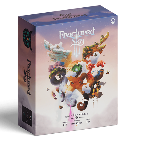 Fractured Sky board game box featuring colorful fantasy artwork with floating islands, airships, and magical creatures against a twilight sky gradient.