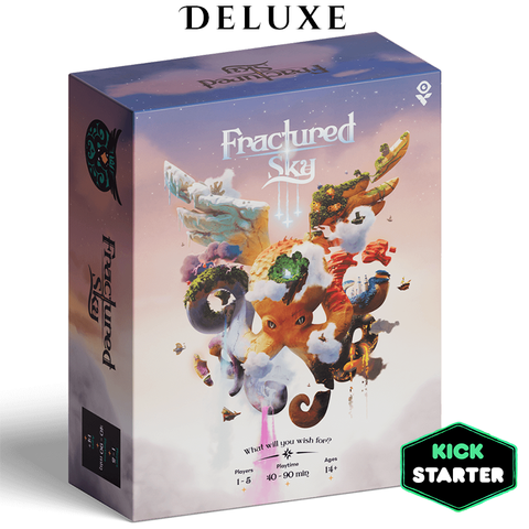 Fractured Sky Deluxe edition board game box featuring vibrant fantasy artwork with floating islands, airships, and mystical creatures against a dreamy sky backdrop. 