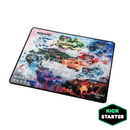 Fractured Sky double-sided neoprene game mat featuring vibrant fantasy artwork with floating islands, magical creatures, and elemental landscapes in blues, greens, reds, and purples. 