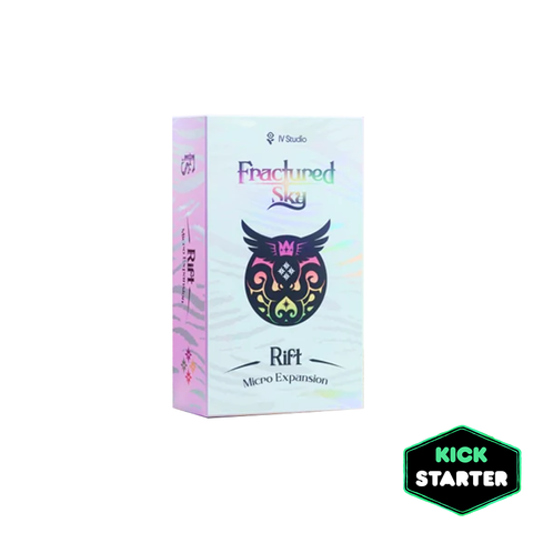 Fractured Sky Rift Micro Expansion board game box featuring a stylized owl-like symbol with colorful geometric patterns on a gradient background.