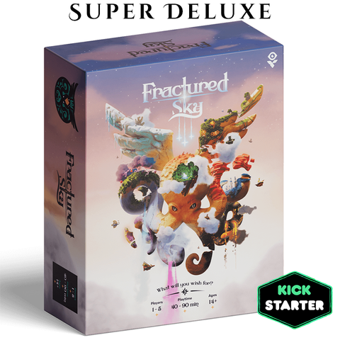 Fractured Sky Super Deluxe edition board game box featuring colorful fantasy artwork with floating islands, airships, and magical creatures against a twilight sky background. The box displays the game title in elegant white lettering.