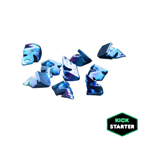 Fractured Sky Starfall tokens scattered across a white background, featuring crystalline metallic pieces in brilliant blue and purple hues with iridescent surfaces. 