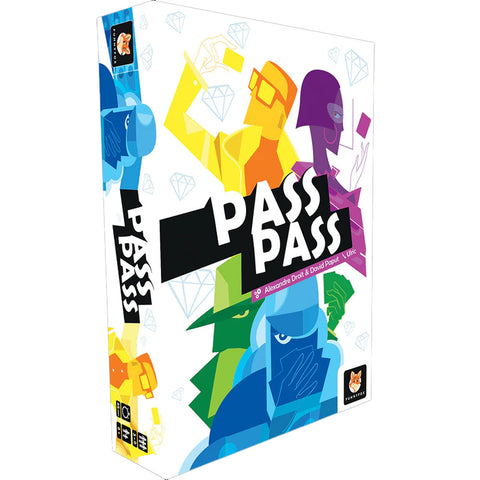 Pass Pass board game box featuring vibrant geometric character illustrations in blue, yellow, orange, purple, and green against a white background with scattered diamond symbols.