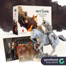 The Witcher: Path of Destiny board game collector's edition showing the game box with fantasy artwork of armored characters on horseback, alongside included components like a detailed Geralt on Roach figurine, player boards, and card decks.