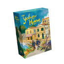 The Yellow House board game box featuring colorful artwork of Mediterranean-style yellow and white buildings with two figures walking along a hillside path. The game's title appears in bright yellow lettering against a blue sky background. 