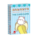 Bananya: The Card Game box featuring a white cartoon cat sitting inside a yellow banana peel against a light blue striped background. The box displays the game title in colorful letters with the tagline 'The kitty who lives in a banana' prominently featured. 