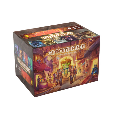 The box for "Gloomhaven: Buttons & Bugs" board game, showing colorful fantasy artwork of miniaturized adventurers in a vibrant indoor marketplace setting with magical elements and characters. The rectangular game box features the Gloomhaven branding prominently on the front, with stylized illustrations of various fantasy creatures visible on the side panels. The artwork depicts a warm, golden-hued tavern or shop interior with adventurers gathering before what appears to be a magical portal or doorway.