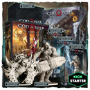 God of War: The Board Game Kickstarter crowdfunding exclusive collection displaying multiple game boxes and detailed miniature figures of Kratos and other characters. The image shows various expansion boxes stacked together with "Crowdfunding Exclusive" labels, featuring dark fantasy artwork with Norse mythology themes.