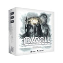 Idavoll board game expansion box featuring dramatic Norse mythology artwork with hooded figures, a wolf, and mystical characters in grayscale tones against a cloudy background.