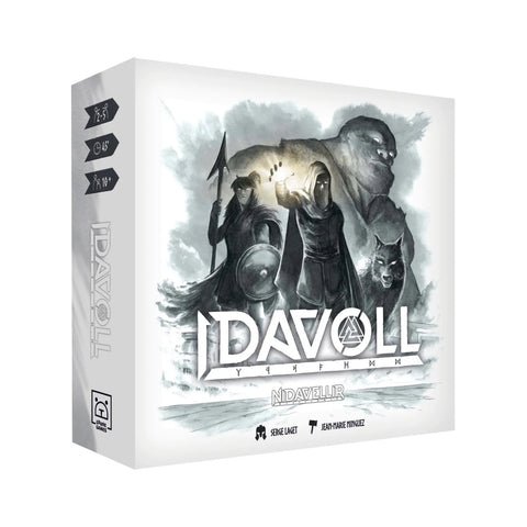 Idavoll board game expansion box featuring dramatic Norse mythology artwork with hooded figures, a wolf, and mystical characters in grayscale tones against a cloudy background.