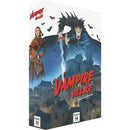 Based on the product image and description, here's the suggested alt text:
Vampire Village board game box featuring dramatic artwork of a vampire hunter facing a menacing winged creature against a moonlit medieval village backdrop. The box shows the game's gothic horror theme with dark blue nighttime colors, flying bats, and Tudor-style buildings below. 