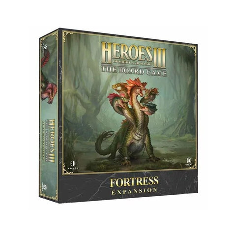 Heroes of Might and Magic III: The Board Game - Fortress Expansion box featuring a large multi-headed hydra creature with green and red coloring against a misty forest background. The game box displays ornate golden text and decorative borders in a fantasy art style typical of the Heroes of Might and Magic series.