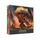 Heroes of Might and Magic III: The Board Game Inferno Expansion box featuring dramatic artwork of a horned demon warrior wielding a flaming weapon against a fiery hellscape background. The box has ornate golden borders and displays the game's logo prominently at the top. 
