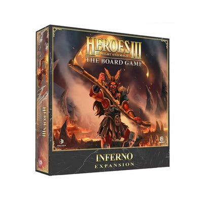 Heroes of Might and Magic III: The Board Game Inferno Expansion box featuring dramatic artwork of a horned demon warrior wielding a flaming weapon against a fiery hellscape background. The box has ornate golden borders and displays the game's logo prominently at the top. 