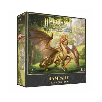 Heroes of Might and Magic III: The Board Game - Rampart Expansion box showing a majestic green and gold dragon with spread wings in a lush forest setting. The box features fantasy artwork with the dragon as the central focus against a backdrop of trees and mystical landscape. The packaging displays the classic Heroes III styling with ornate golden borders and the Rampart faction branding at the bottom.