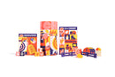 Chicken! Deluxe Edition board game components displayed against a white background, featuring colorful game boxes with vibrant geometric artwork in orange, red, blue, and yellow tones. 
