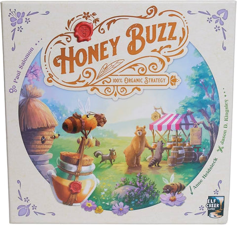 The box art features a whimsical forest scene with bees, a bear, fox, and other woodland creatures gathered around a honey market stall. The colorful illustration is framed by a decorative border with floral accents.