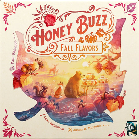 The artwork features a warm autumn scene with woodland animals gathered around honey jars amid pumpkins, fall foliage, and a bee, all rendered in vibrant oranges, reds, and golden hues. The decorative logo and design elements include flourishes, fall leaves, and a wax seal with a bee emblem.