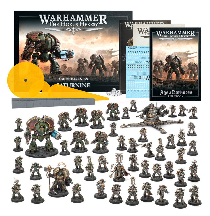 Warhammer The Horus Heresy game set with miniatures and rulebooks on a white background