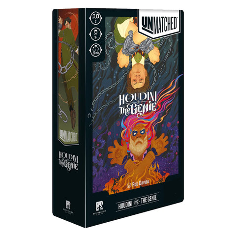 Unmatched: Houdini vs. The Genie board game box featuring dramatic comic book-style artwork with Houdini in chains underwater and a magical genie emerging from flames. The box displays the Unmatched logo and shows both the front cover and spine with colorful illustrations against a dark background. 