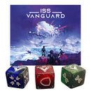 SS Vanguard board game showing the cover art featuring a crashed spaceship in a snowy alien landscape with three astronaut figures in the foreground. Below the main artwork are three metallic dice in blue, red, and green colors, each featuring unique symbols and designs. The cover displays the game's title in bold white letters against a purple starfield background.