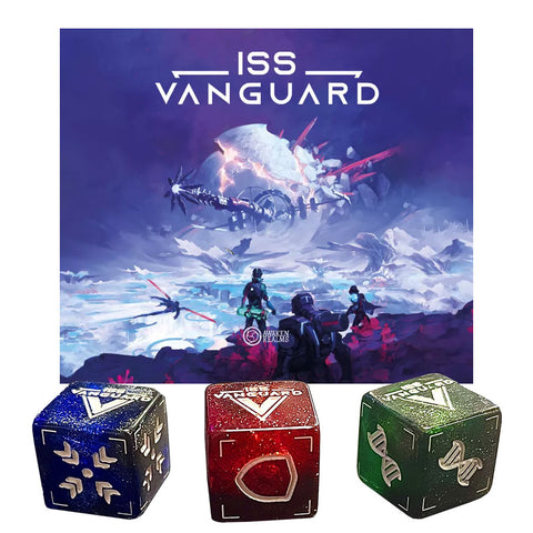SS Vanguard board game showing the cover art featuring a crashed spaceship in a snowy alien landscape with three astronaut figures in the foreground. Below the main artwork are three metallic dice in blue, red, and green colors, each featuring unique symbols and designs. The cover displays the game's title in bold white letters against a purple starfield background.