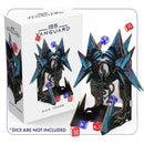 ISS Vanguard Dice Tower showing an elaborate black and blue sci-fi themed wooden dice tower with sharp, angular spikes and metallic detailing alongside its retail packaging box.