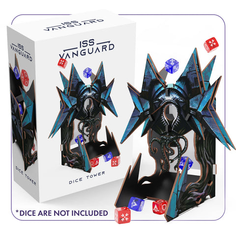 ISS Vanguard Dice Tower showing an elaborate black and blue sci-fi themed wooden dice tower with sharp, angular spikes and metallic detailing alongside its retail packaging box.
