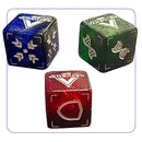 Three colorful ISS Vanguard upgrade dice in blue, green, and red with metallic silver symbols and corner brackets.