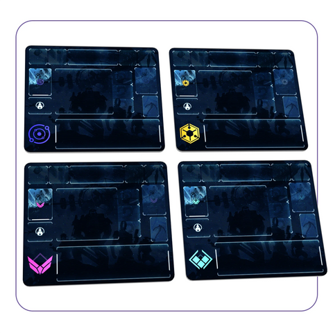 Four ISS Vanguard playmats displayed in a 2x2 grid, each featuring a dark blue sci-fi themed background with organized rectangular sections for card placement. 
