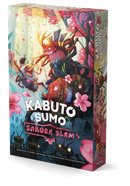 Box art for the board game 'Kabuto Sumo: Sakura Slam' showing two colorful beetle-like creatures wrestling on a wooden platform surrounded by pink cherry blossoms. The vibrant artwork features a red beetle with antlers facing off against a yellow beetle in a sumo-style confrontation, set against a backdrop of spring colors and falling petals.