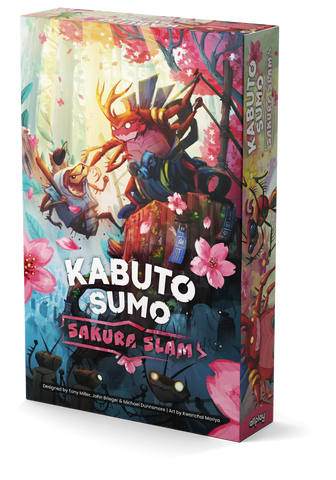 Box art for the board game 'Kabuto Sumo: Sakura Slam' showing two colorful beetle-like creatures wrestling on a wooden platform surrounded by pink cherry blossoms. The vibrant artwork features a red beetle with antlers facing off against a yellow beetle in a sumo-style confrontation, set against a backdrop of spring colors and falling petals.