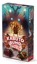 Box art for "Kabuto Sumo: Swarm" board game featuring cartoon insect wrestlers in a sumo ring with glowing eyes. The foreground shows various bug fighters including a cockroach and other beetle-like creatures preparing to battle, while a large mysterious creature with antlers and glowing blue eyes looms in the background. 