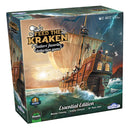 Feed the Kraken Essential Edition board game box featuring a dramatic pirate ship sailing through stormy seas with lightning in the background. The ornate wooden vessel has multiple crew members visible on deck and is surrounded by turbulent ocean waves. The game's title appears prominently in golden lettering with decorative nautical elements, marketed as 'Sailors' favorite deduction game.