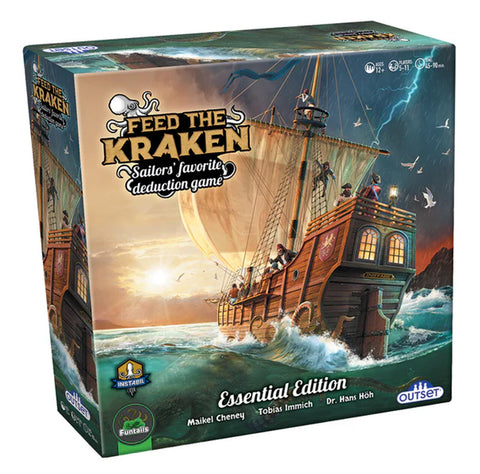 Feed the Kraken Essential Edition board game box featuring a dramatic pirate ship sailing through stormy seas with lightning in the background. The ornate wooden vessel has multiple crew members visible on deck and is surrounded by turbulent ocean waves. The game's title appears prominently in golden lettering with decorative nautical elements, marketed as 'Sailors' favorite deduction game.