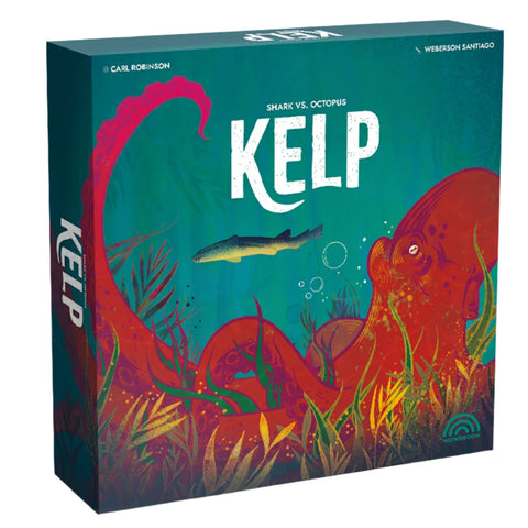 The colorful illustration depicts a marine environment with flowing seaweed, coral formations, and marine life in rich reds, oranges, and greens. The game box shows 'Shark vs. Octopus' subtitle.