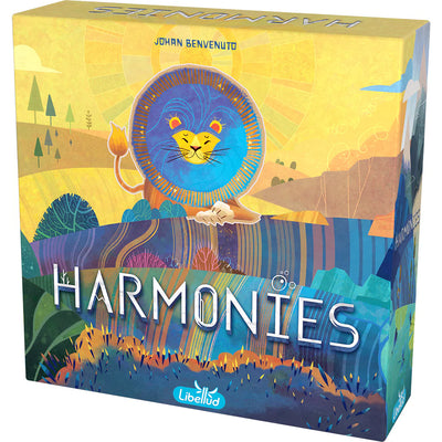Box art featuring a stylized blue lion with a sun-like mane sitting on colorful, striped terrain. The vibrant illustration uses yellow, blue, orange and green tones to create a whimsical natural landscape with trees and plants. 
